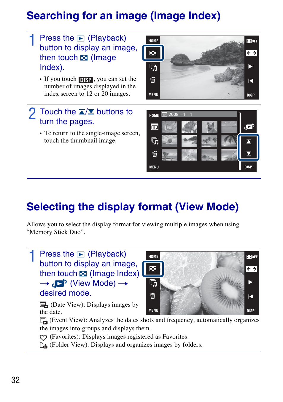 Searching for an image (image index), Selecting the display format (view mode) | Sony DSC-T77 User Manual | Page 32 / 108