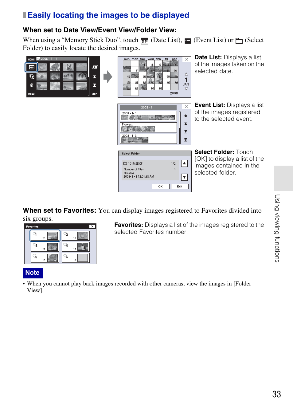 X easily locating the images to be displayed, When set to date view/event view/folder view, Xeasily locating the images to be displayed | Sony DSC-T77 User Manual | Page 33 / 108