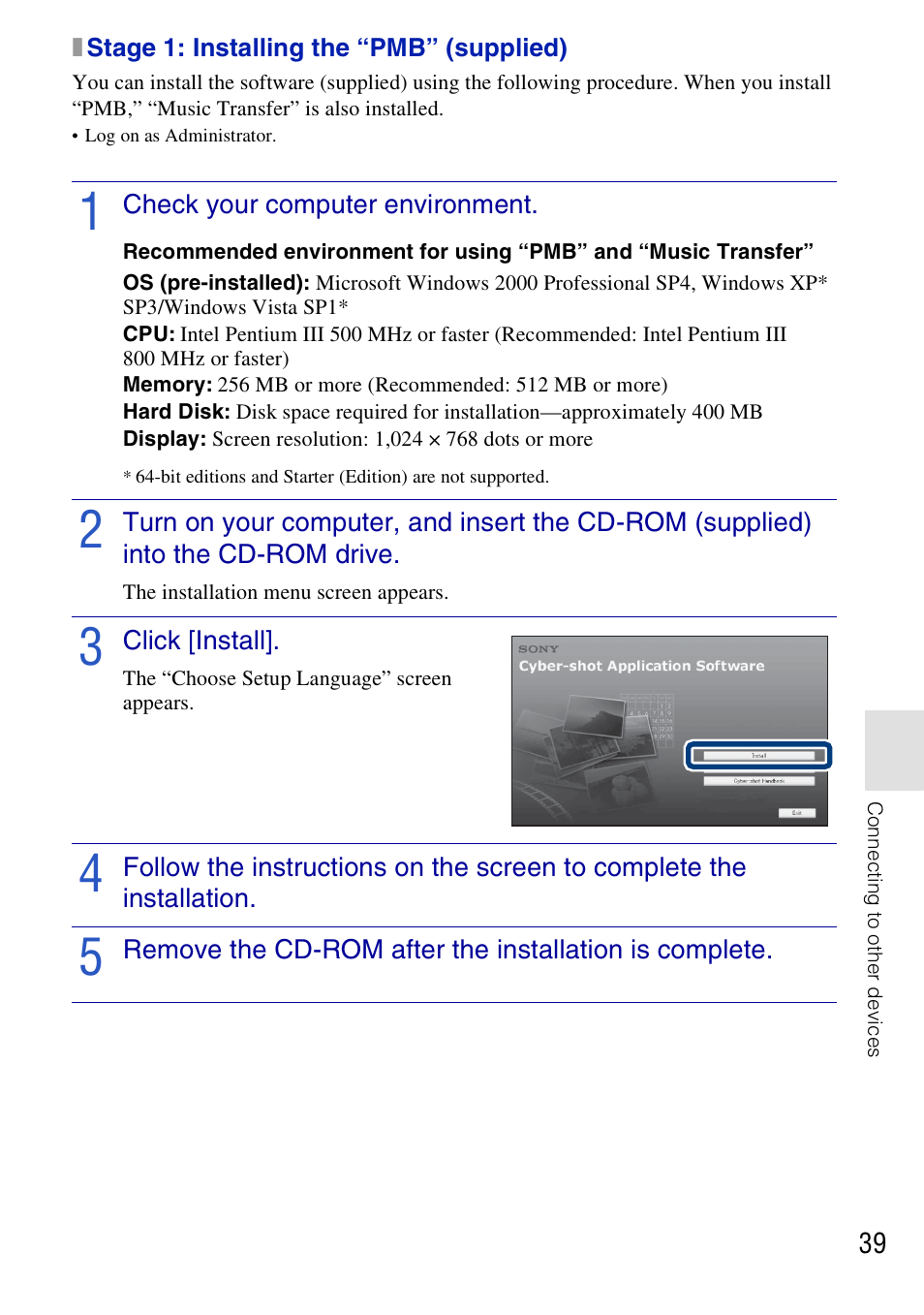 X stage 1: installing the “pmb” (supplied), Check your computer environment, Click [install | Sony DSC-T77 User Manual | Page 39 / 108
