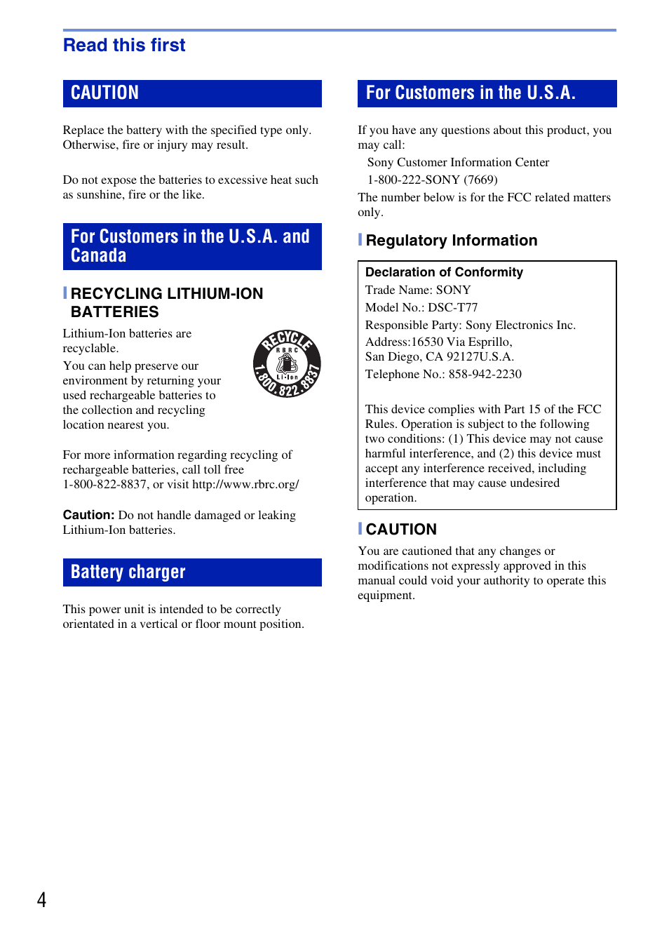 Read this first, Recycling lithium-ion batteries, Regulatory information | Caution | Sony DSC-T77 User Manual | Page 4 / 108