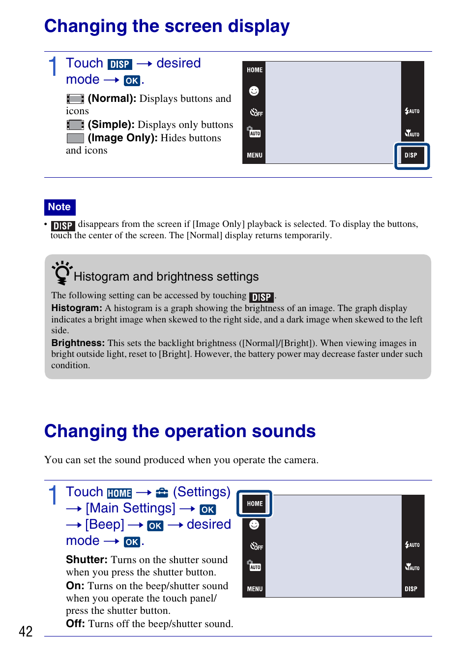 Changing the screen display, Touch t desired mode t, Changing the operation sounds | Changing camera settings | Sony DSC-T77 User Manual | Page 42 / 108