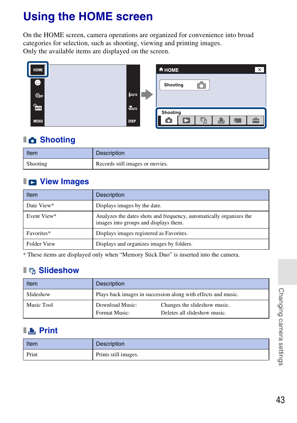 Using the home screen, X shooting, X view images | X slideshow, X print, Xshooting x view images, Xslideshow x print | Sony DSC-T77 User Manual | Page 43 / 108