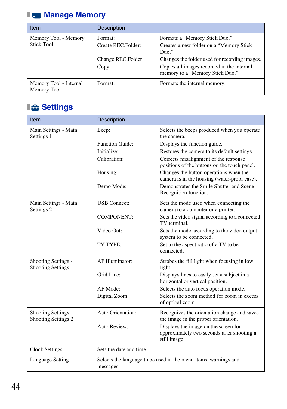 X manage memory, X settings | Sony DSC-T77 User Manual | Page 44 / 108