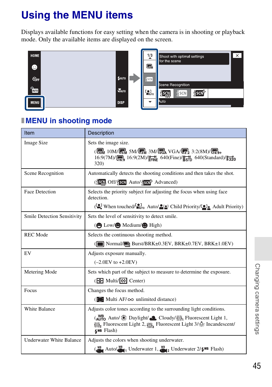 Using the menu items, X menu in shooting mode, Xmenu in shooting mode | Sony DSC-T77 User Manual | Page 45 / 108