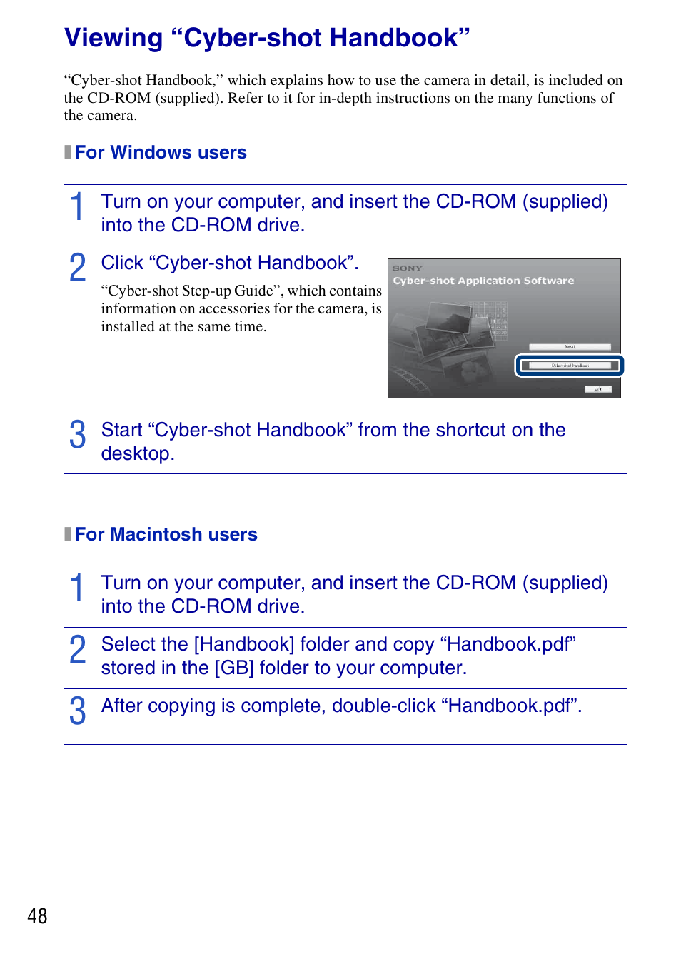 Viewing “cyber-shot handbook, X for windows users, Click “cyber-shot handbook | X for macintosh users, Others | Sony DSC-T77 User Manual | Page 48 / 108