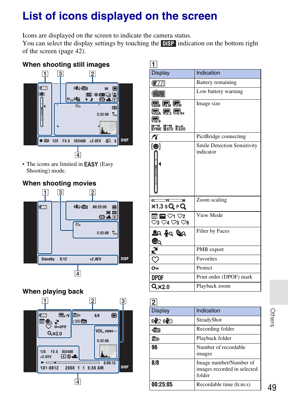 List of icons displayed on the screen, When shooting still images, When shooting movies | When playing back | Sony DSC-T77 User Manual | Page 49 / 108