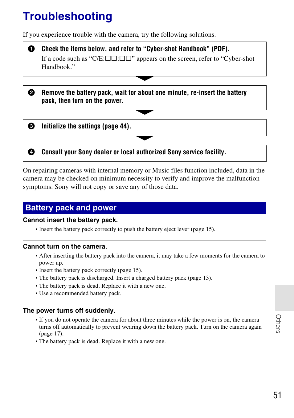 Troubleshooting, Cannot insert the battery pack, Cannot turn on the camera | Use a recommended battery pack, The power turns off suddenly, Battery pack and power | Sony DSC-T77 User Manual | Page 51 / 108