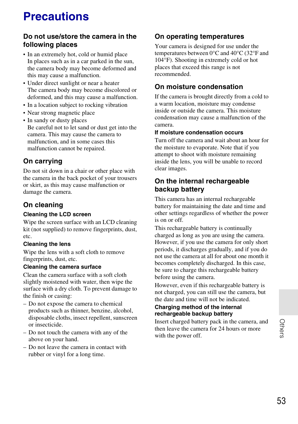 Precautions, On carrying, On cleaning | On operating temperatures, On moisture condensation, On the internal rechargeable backup battery | Sony DSC-T77 User Manual | Page 53 / 108