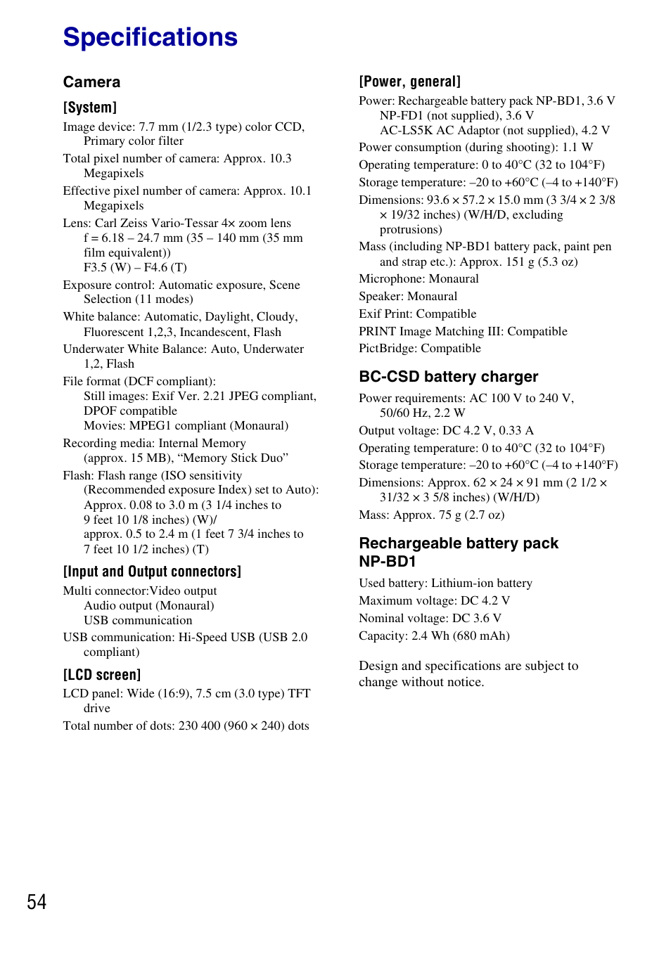 Specifications, Camera, Bc-csd battery charger | Rechargeable battery pack np-bd1 | Sony DSC-T77 User Manual | Page 54 / 108