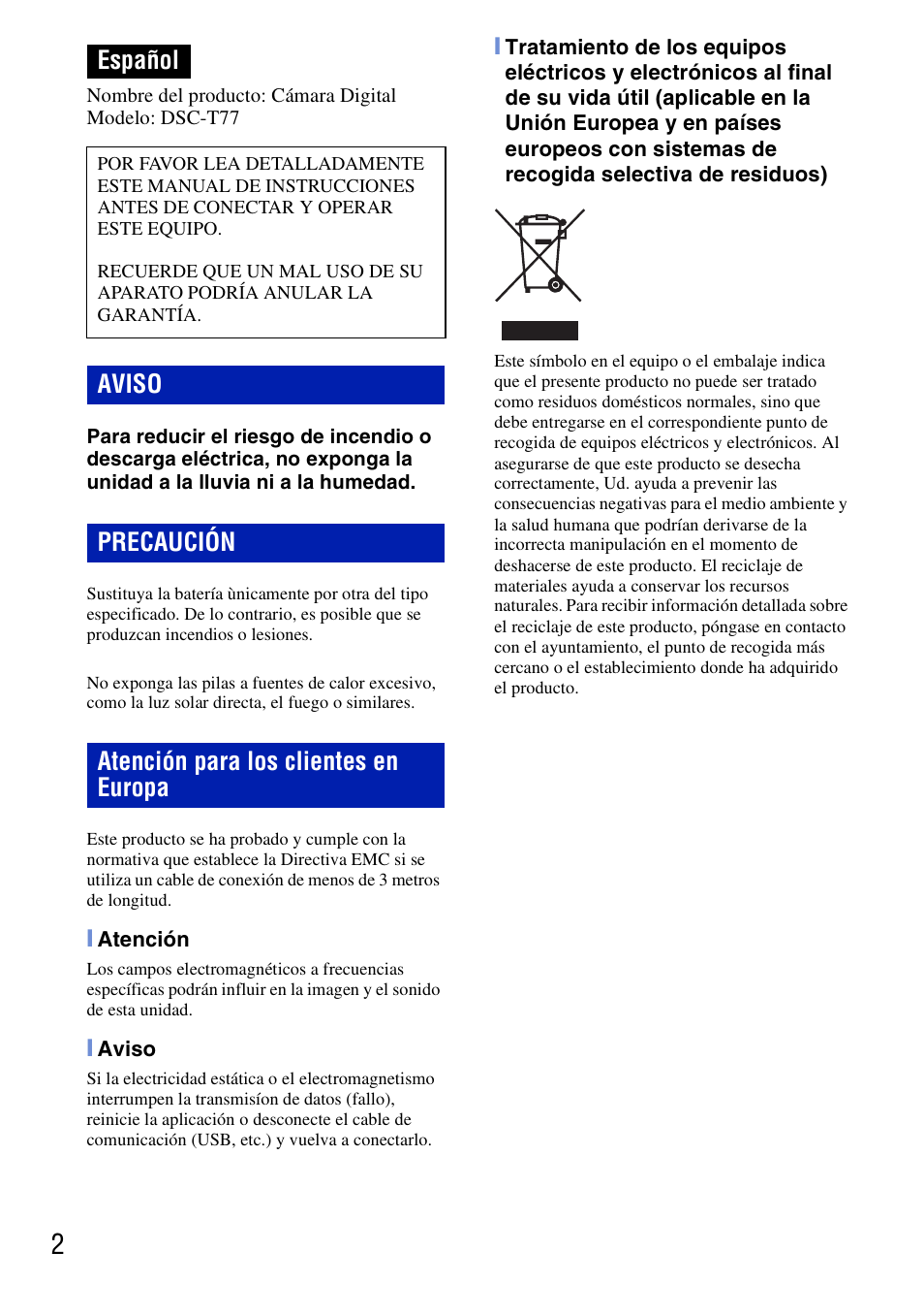 Español, Atención, Aviso | Sony DSC-T77 User Manual | Page 56 / 108