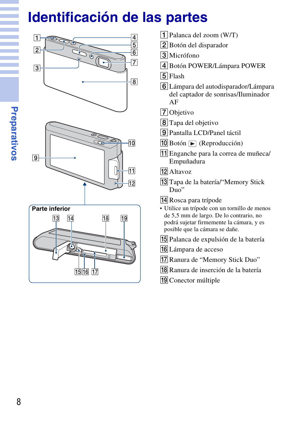 Identificación de las partes, A palanca del zoom (w/t), B botón del disparador | C micrófono, D botón power/lámpara power, E flash, G objetivo, H tapa del objetivo, I pantalla lcd/panel táctil, J botón (reproducción) | Sony DSC-T77 User Manual | Page 62 / 108