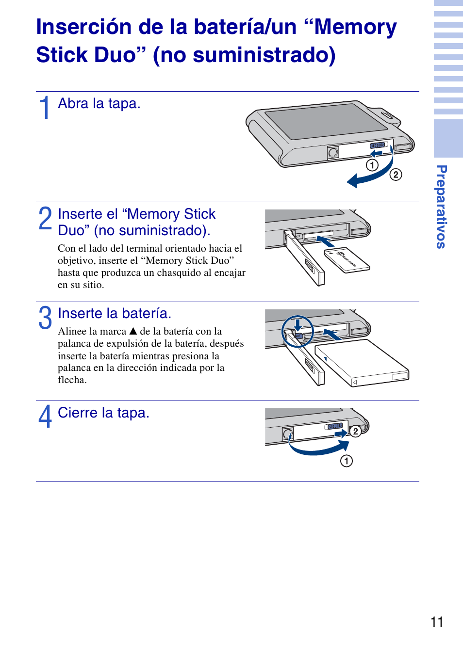 Abra la tapa, Inserte el “memory stick duo” (no suministrado), Inserte la batería | Cierre la tapa | Sony DSC-T77 User Manual | Page 65 / 108