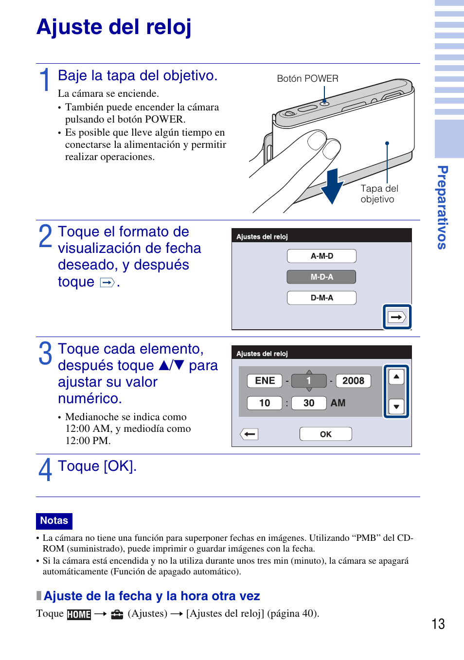 Ajuste del reloj, Baje la tapa del objetivo, X ajuste de la fecha y la hora otra vez | Sony DSC-T77 User Manual | Page 67 / 108