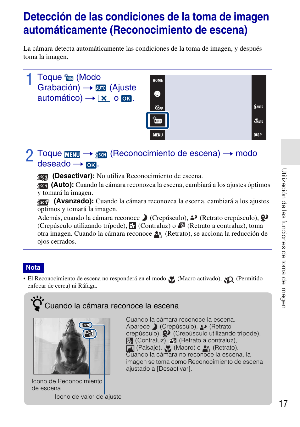 Toque (modo grabación) t (ajuste automático) t o | Sony DSC-T77 User Manual | Page 71 / 108