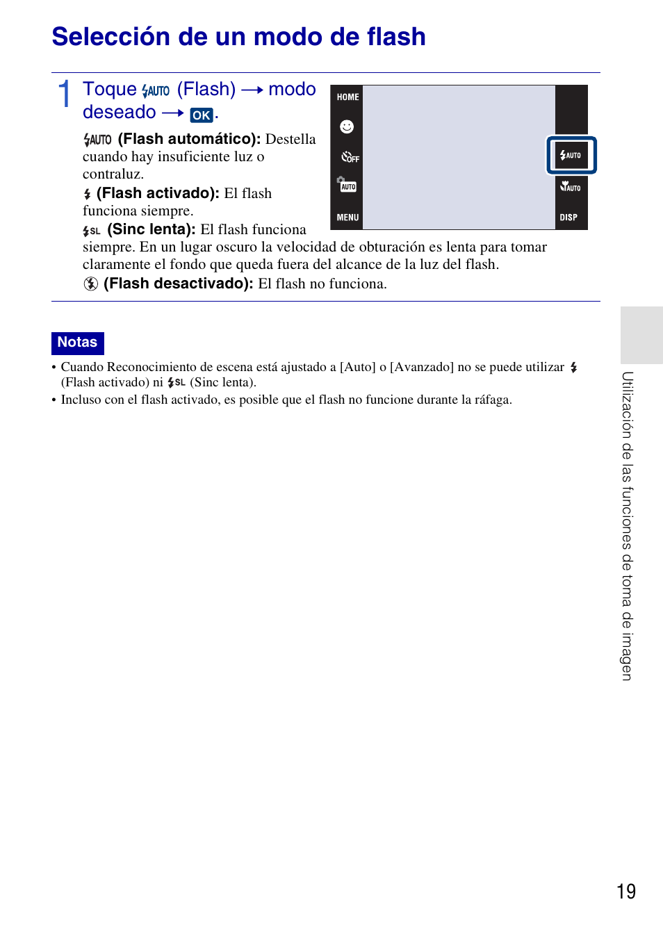 Selección de un modo de flash, Toque (flash) t modo deseado t | Sony DSC-T77 User Manual | Page 73 / 108
