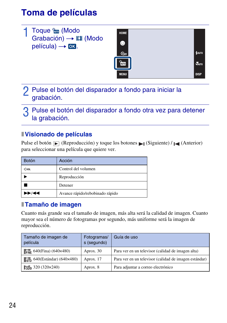 Toma de películas, Toque (modo grabación) t (modo película) t, X visionado de películas | X tamaño de imagen | Sony DSC-T77 User Manual | Page 78 / 108