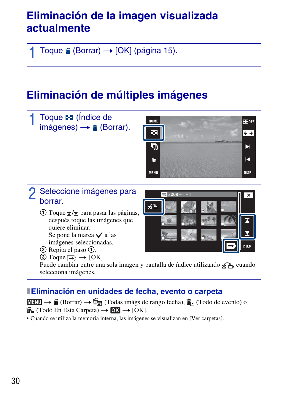 Eliminación de la imagen visualizada actualmente, Eliminación de múltiples imágenes, Toque (índice de imágenes) t (borrar) | Seleccione imágenes para borrar, Borrado de imágenes | Sony DSC-T77 User Manual | Page 84 / 108