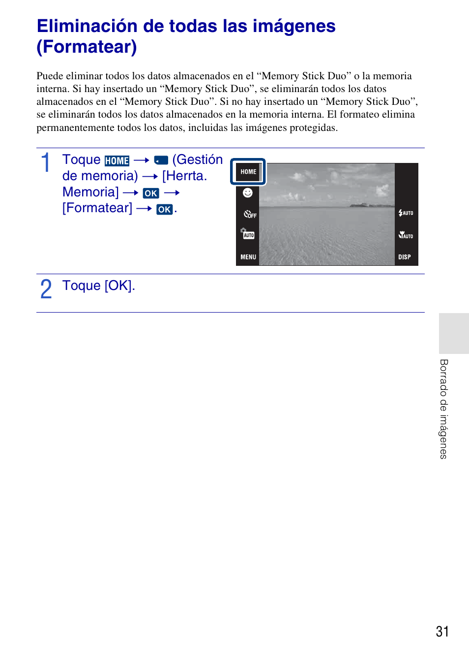 Eliminación de todas las imágenes (formatear), Toque [ok | Sony DSC-T77 User Manual | Page 85 / 108