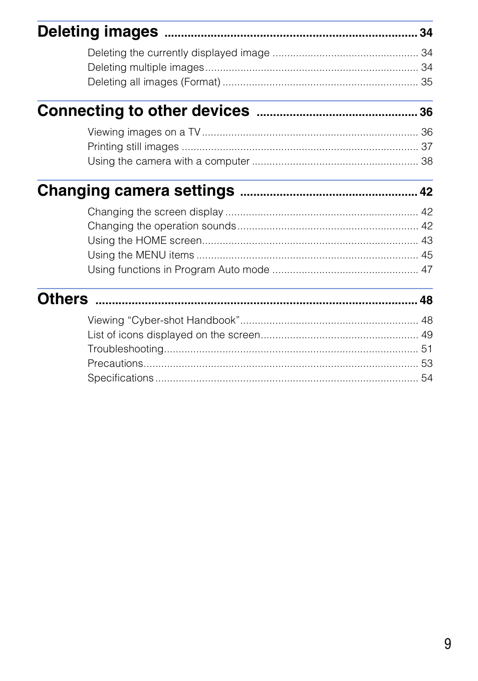 Deleting images, Connecting to other devices, Changing camera settings | Others | Sony DSC-T77 User Manual | Page 9 / 108