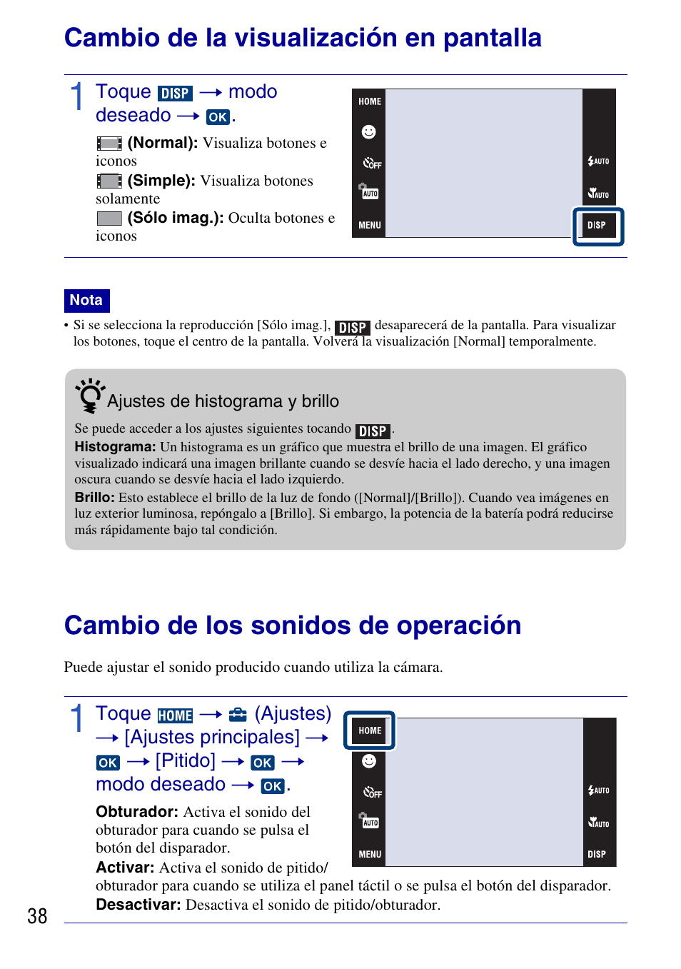 Cambio de la visualización en pantalla, Toque t modo deseado t, Cambio de los sonidos de operación | Cambio de los ajustes de la cámara | Sony DSC-T77 User Manual | Page 92 / 108