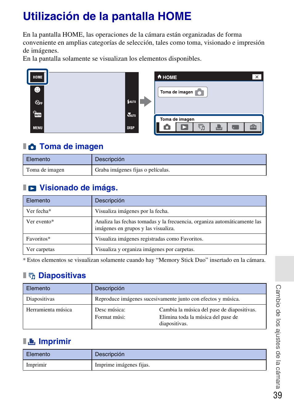 Utilización de la pantalla home, X toma de imagen, X visionado de imágs | X diapositivas, X imprimir, Xtoma de imagen x visionado de imágs, Xdiapositivas x imprimir | Sony DSC-T77 User Manual | Page 93 / 108