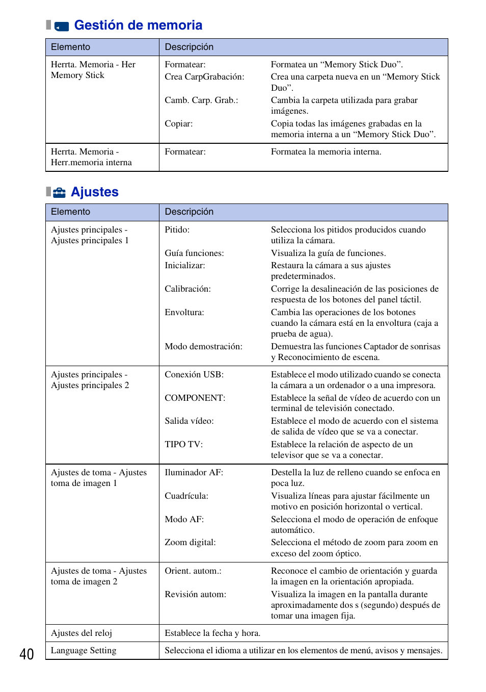 X gestión de memoria, X ajustes | Sony DSC-T77 User Manual | Page 94 / 108
