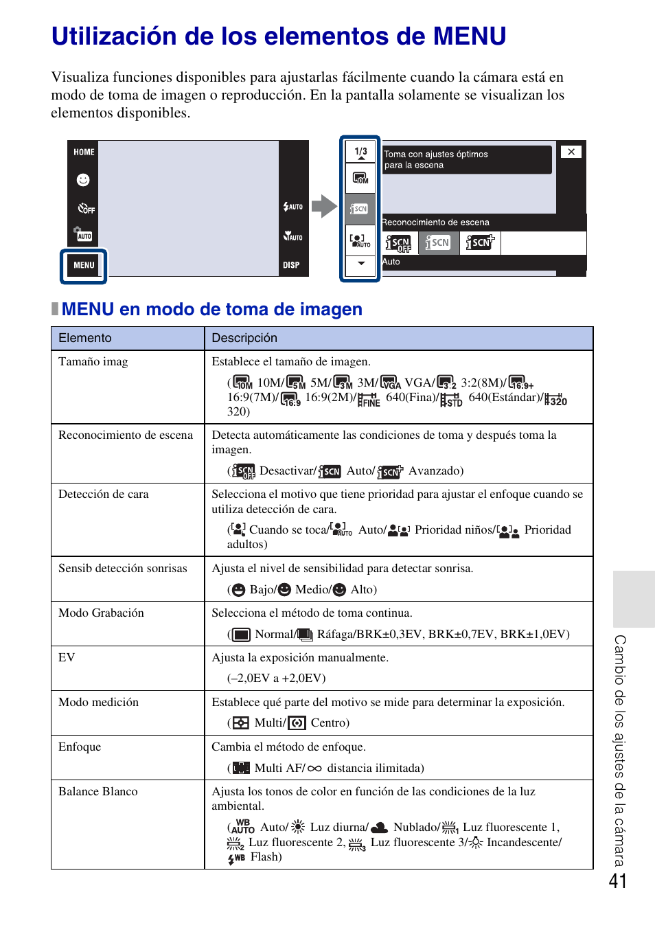 Utilización de los elementos de menu, X menu en modo de toma de imagen, Xmenu en modo de toma de imagen | Sony DSC-T77 User Manual | Page 95 / 108