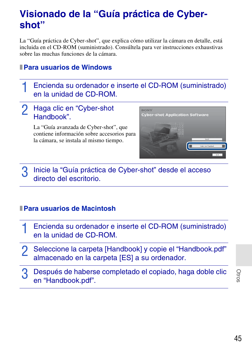 Visionado de la “guía práctica de cyber- shot, X para usuarios de windows, Haga clic en “cyber-shot handbook | X para usuarios de macintosh, Otros, Visionado de la “guía práctica de cyber-shot | Sony DSC-T77 User Manual | Page 99 / 108