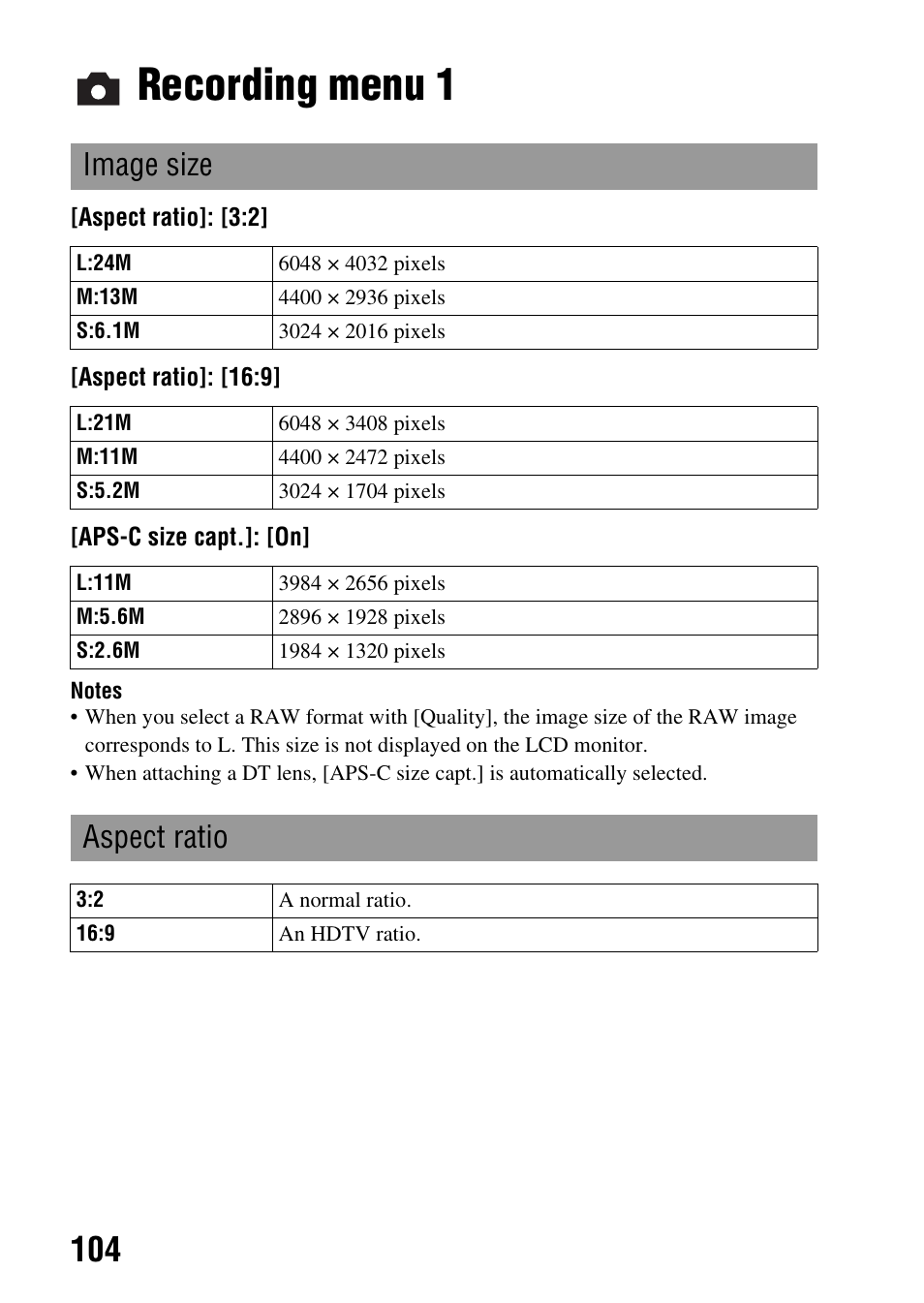 Recording menu 1, E size (104)/a, Ze (104) | S 104 to 11, Recording menu, Image size, Aspect ratio | Sony DSLR-A850 User Manual | Page 104 / 171