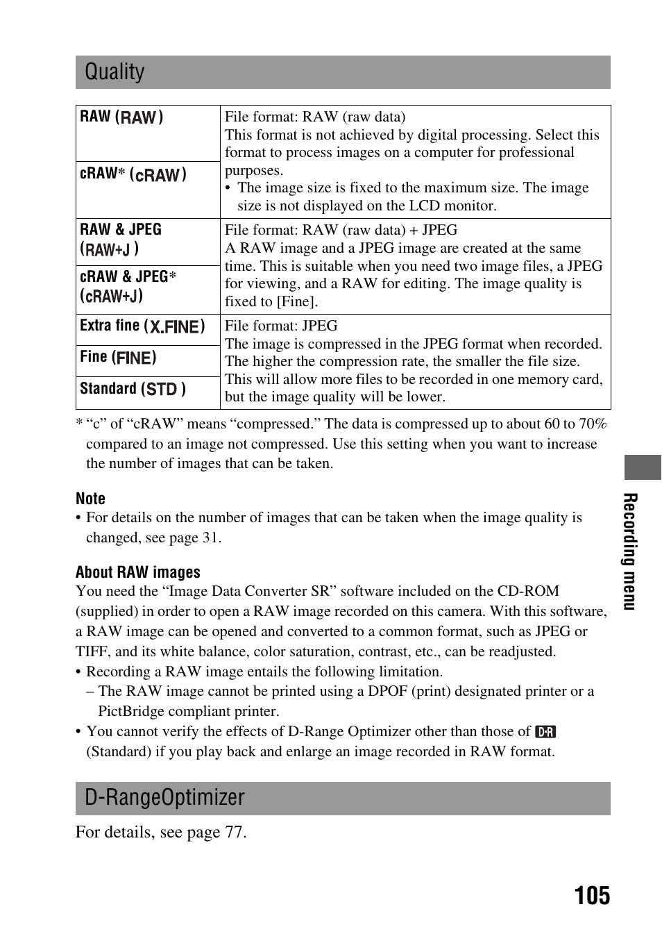 Y (105), Quality, D-rangeoptimizer | Sony DSLR-A850 User Manual | Page 105 / 171