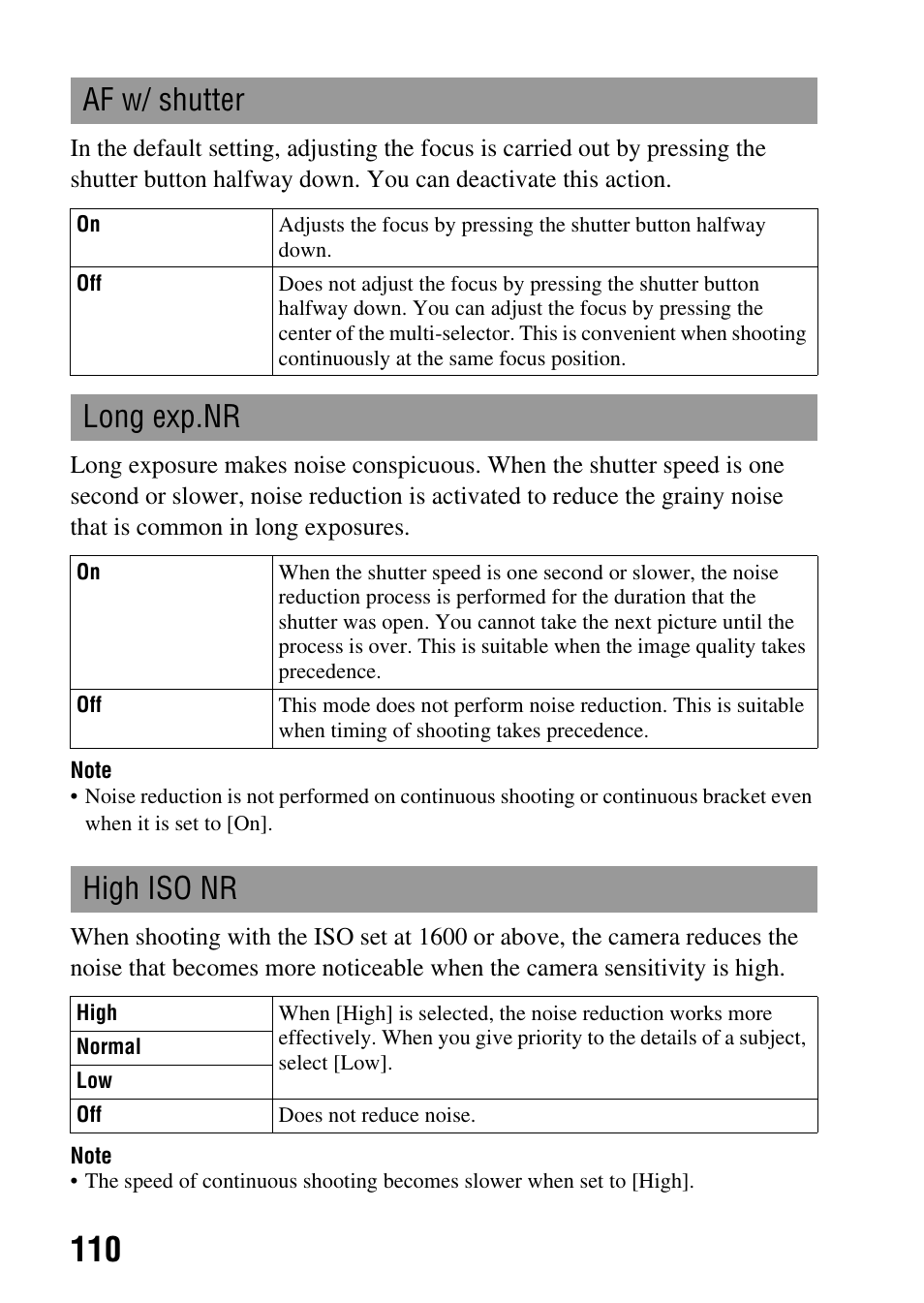 Af w/ shutter, Long exp.nr, High iso nr | Sony DSLR-A850 User Manual | Page 110 / 171