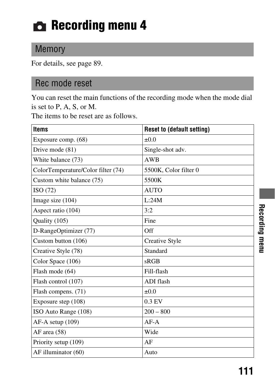 Recording menu 4 | Sony DSLR-A850 User Manual | Page 111 / 171