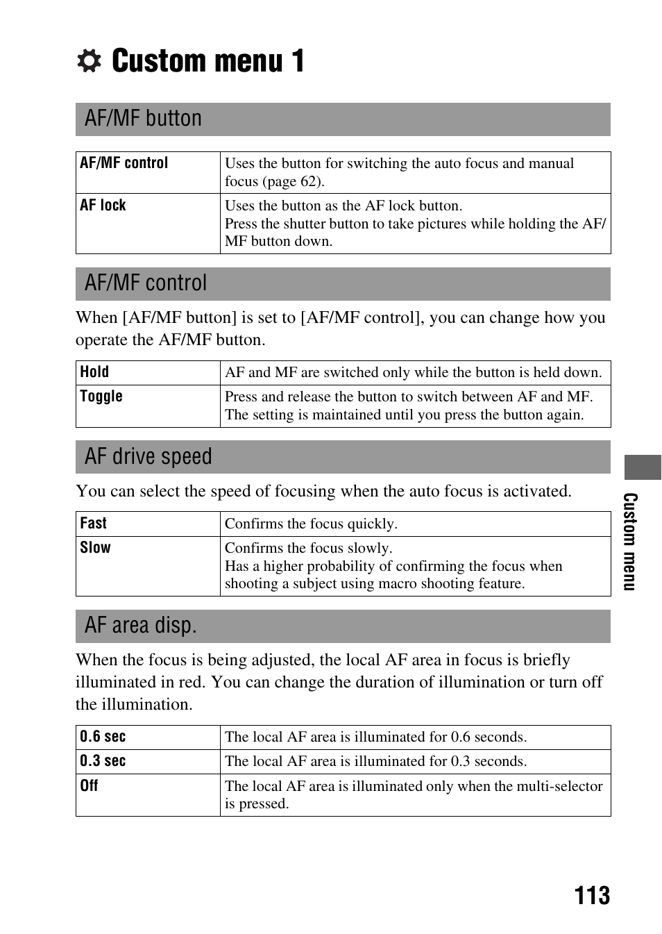 Custom menu 1, 113 to 11, Custom menu | Af/mf button, Af/mf control, Af drive speed, Af area disp | Sony DSLR-A850 User Manual | Page 113 / 171