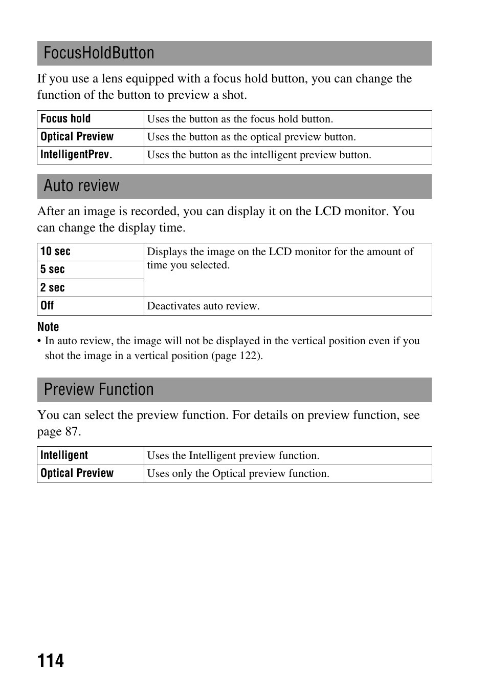 Focusholdbutton, Auto review, Preview function | Sony DSLR-A850 User Manual | Page 114 / 171