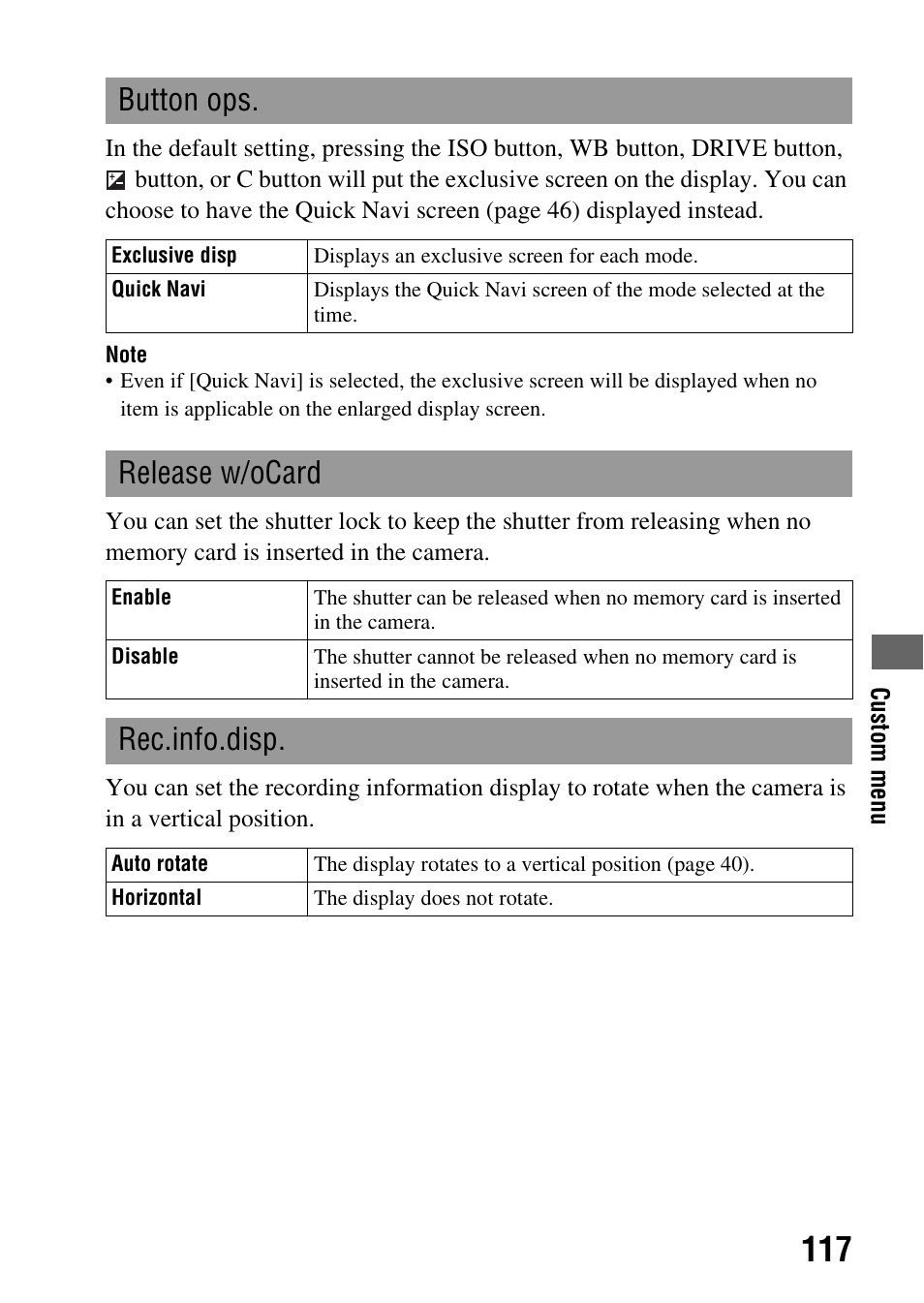 Button ops, Release w/ocard, Rec.info.disp | Sony DSLR-A850 User Manual | Page 117 / 171