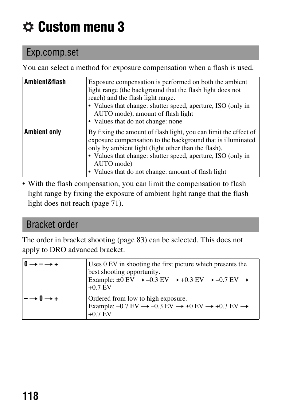 Custom menu 3, Bracket order | Sony DSLR-A850 User Manual | Page 118 / 171