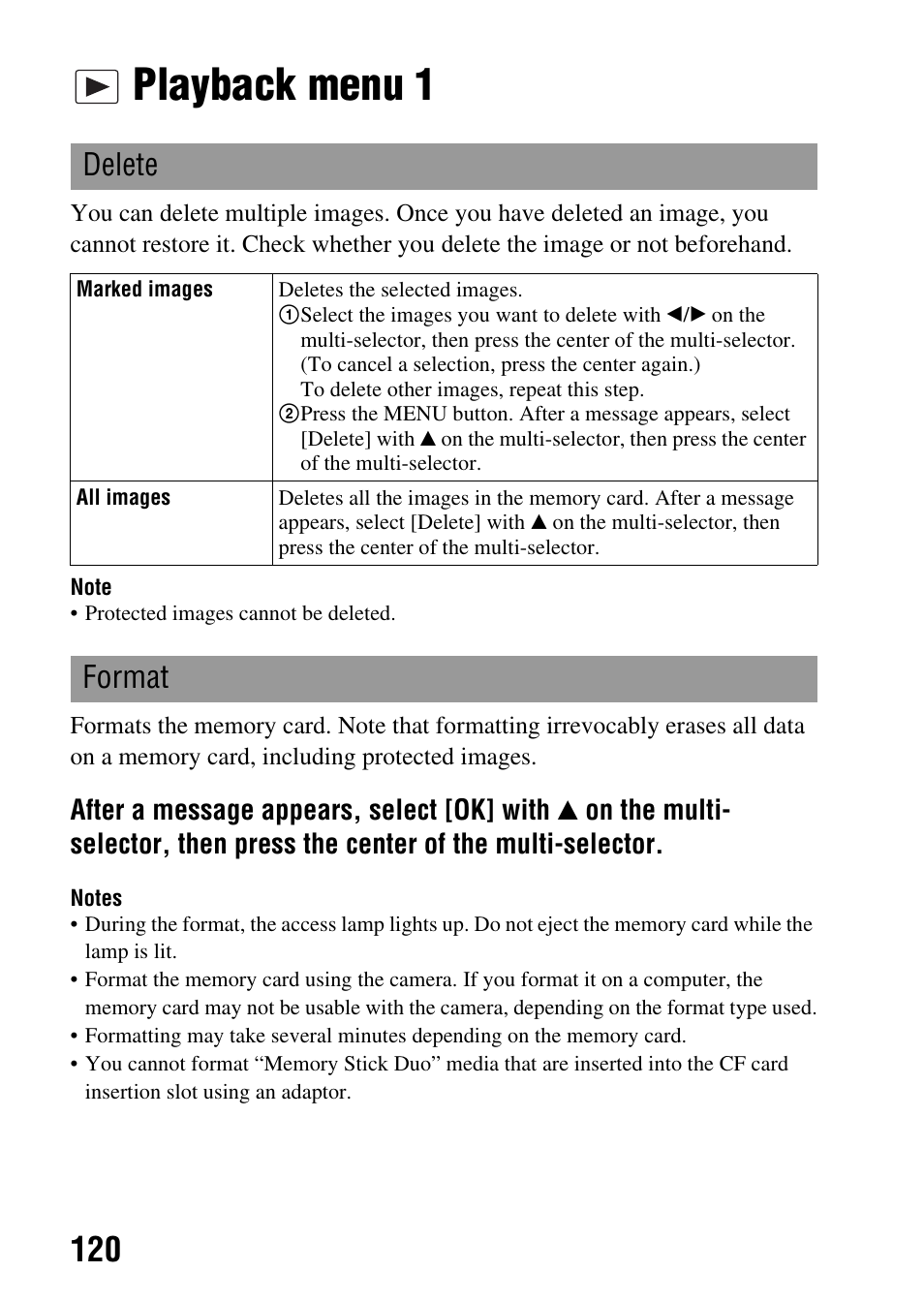 Playback menu 1, Playback menu, Delete | Format | Sony DSLR-A850 User Manual | Page 120 / 171