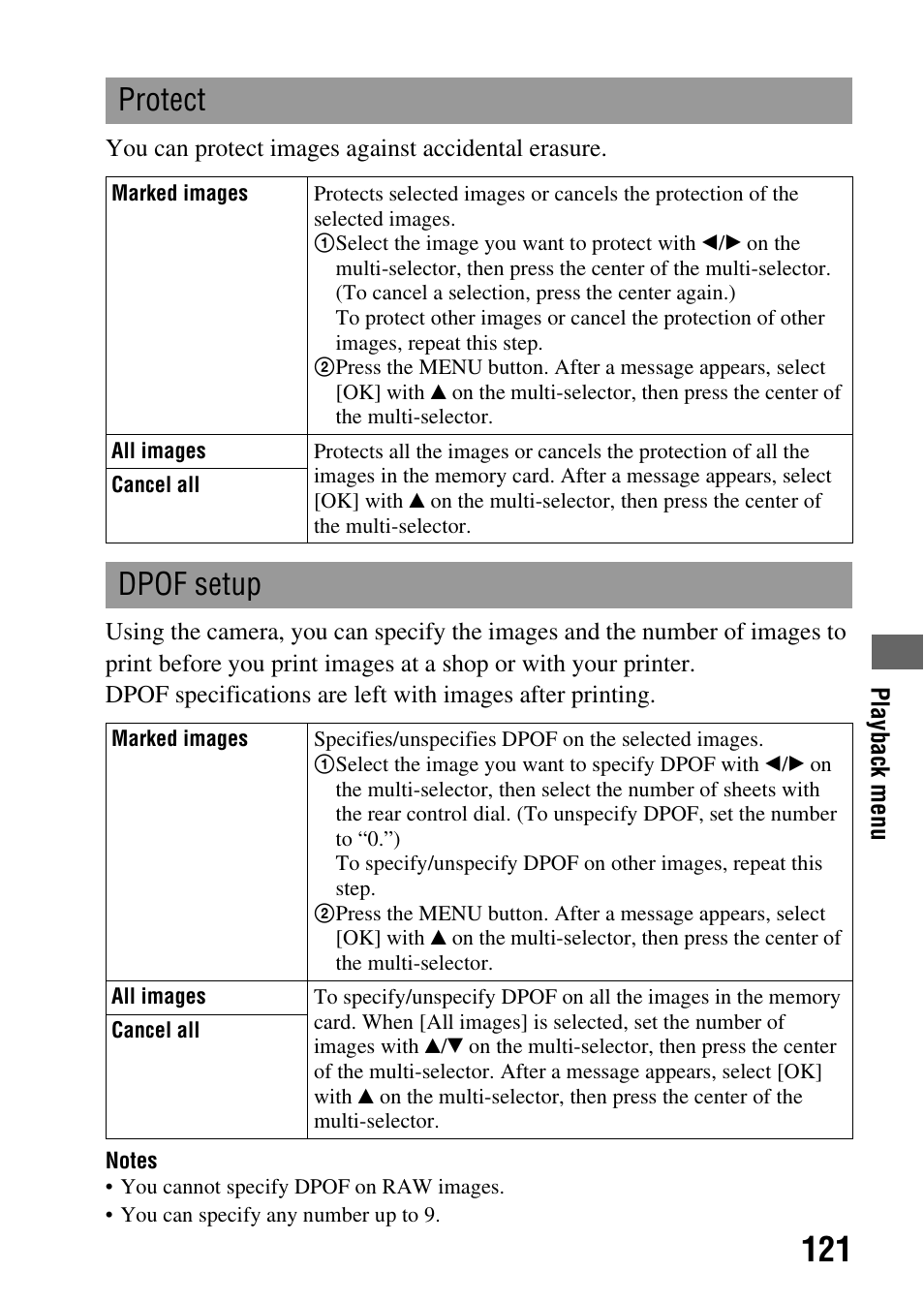 Dpof set (121), Protect, Dpof setup | Sony DSLR-A850 User Manual | Page 121 / 171