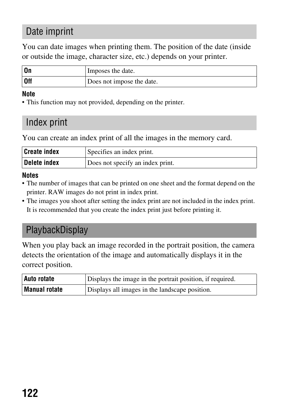 Date imprint, Index print, Playbackdisplay | Sony DSLR-A850 User Manual | Page 122 / 171