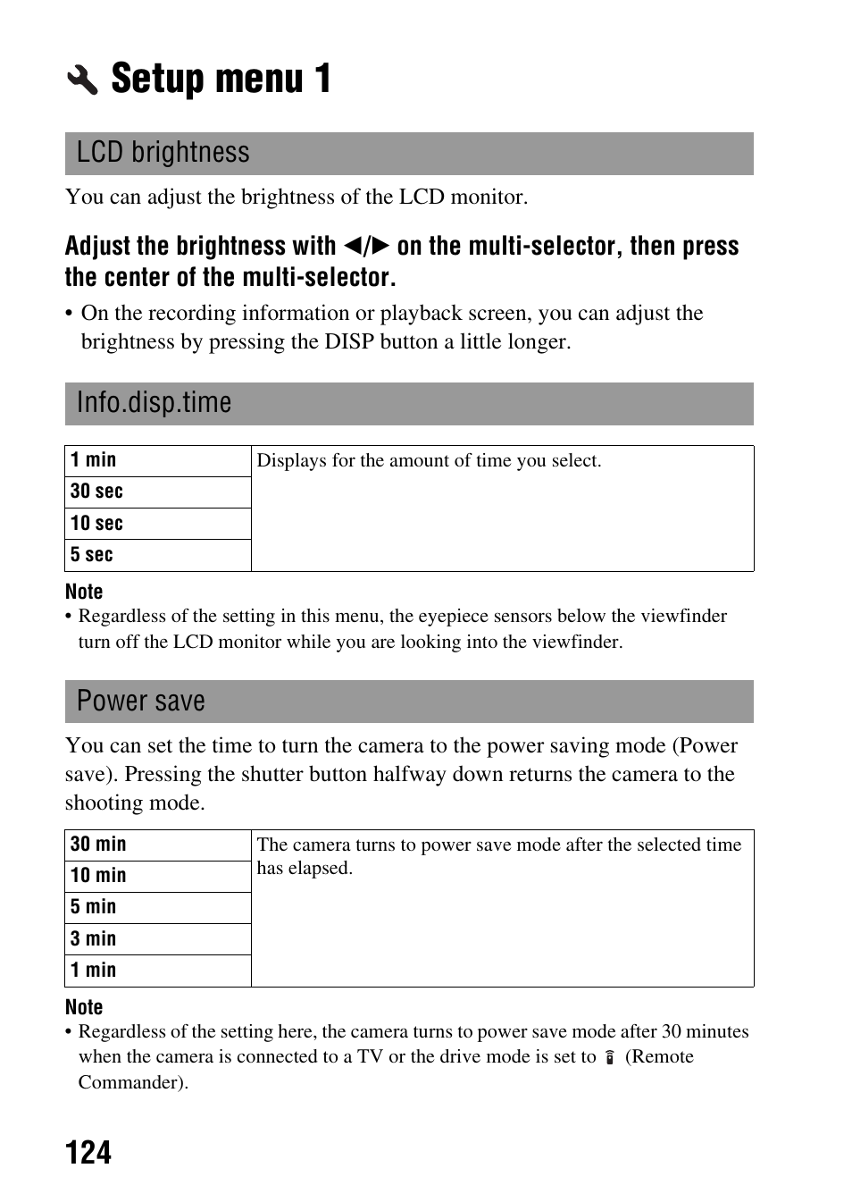 Setup menu 1, Eyepiece sensors (124), Setup menu | Lcd brightness info.disp.time, Power save | Sony DSLR-A850 User Manual | Page 124 / 171