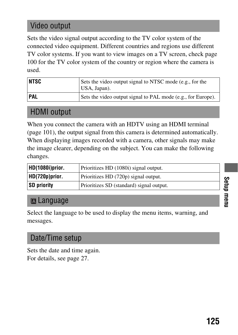 Video output, Hdmi output, Language date/time setup | Sony DSLR-A850 User Manual | Page 125 / 171