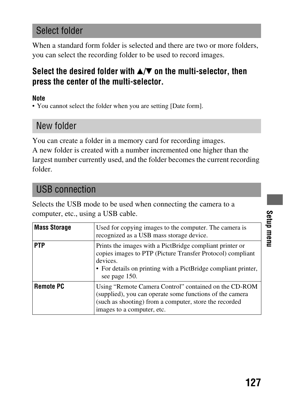 Select folder new folder usb connection | Sony DSLR-A850 User Manual | Page 127 / 171