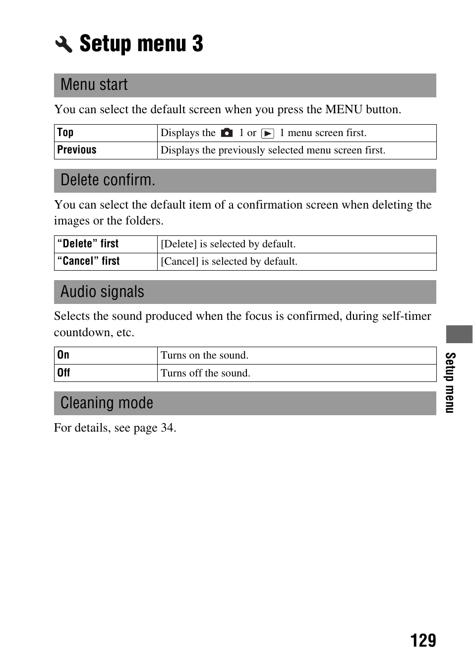 Setup menu 3, Menu start, Delete confirm | Audio signals, Cleaning mode | Sony DSLR-A850 User Manual | Page 129 / 171