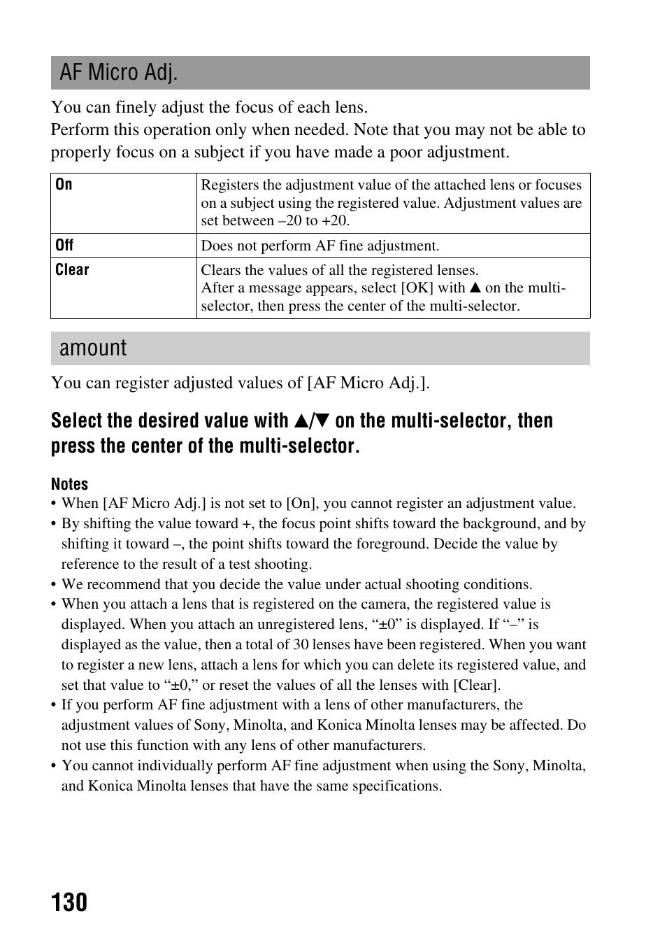 Af micro adj, Amount | Sony DSLR-A850 User Manual | Page 130 / 171