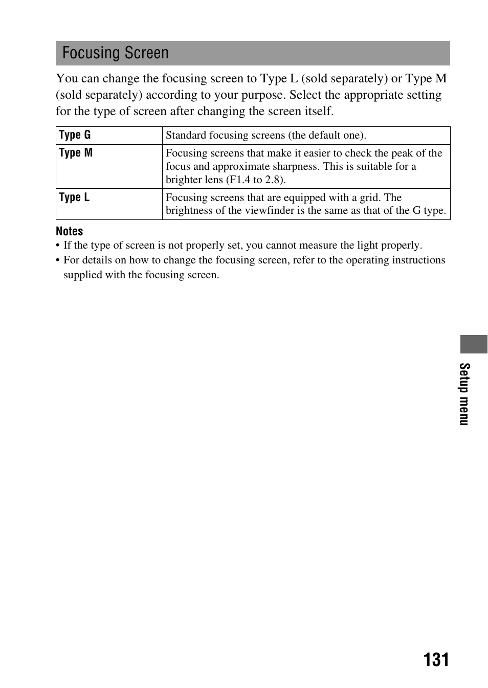 Focusing screen | Sony DSLR-A850 User Manual | Page 131 / 171