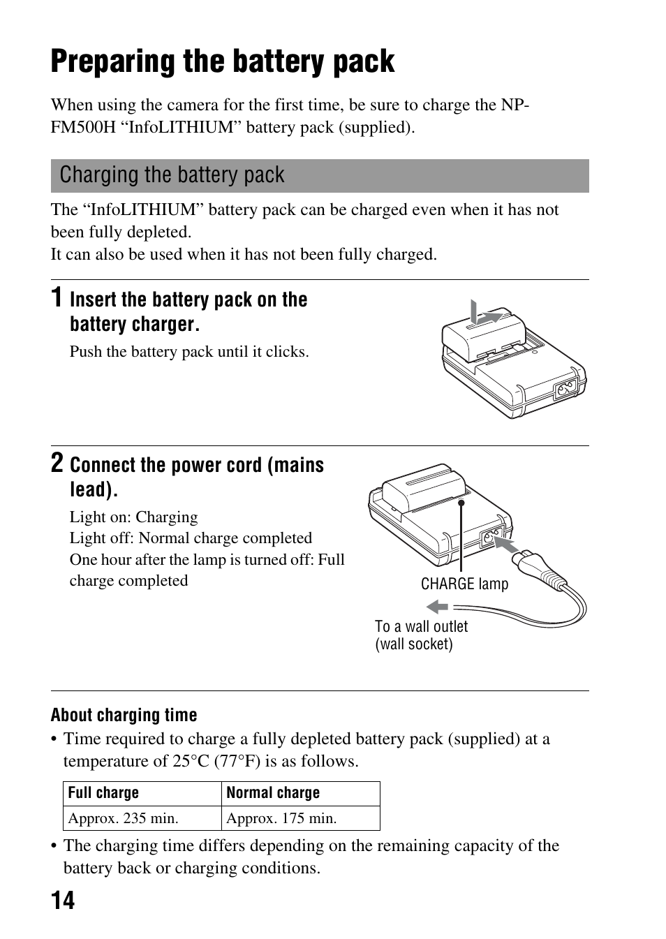 Preparing the battery pack, Charging the battery pack | Sony DSLR-A850 User Manual | Page 14 / 171