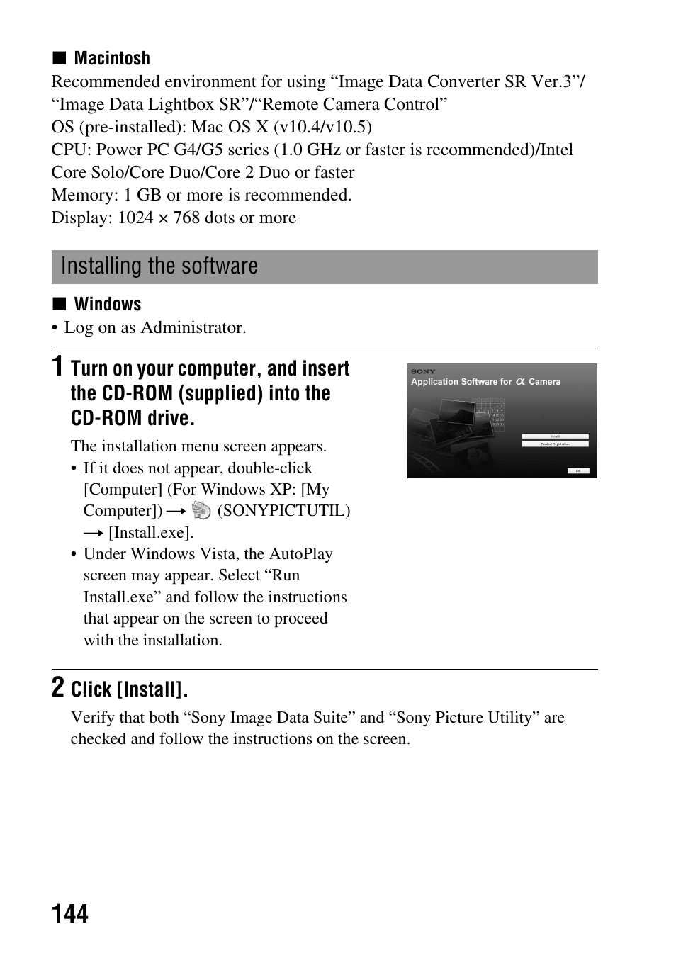 Installing the software | Sony DSLR-A850 User Manual | Page 144 / 171