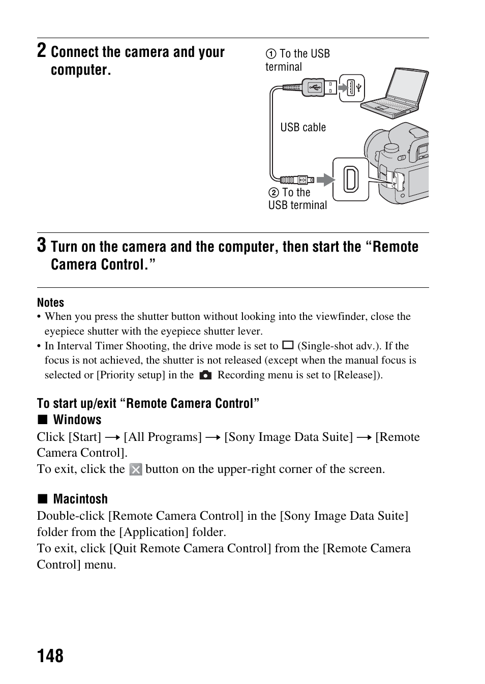 Connect the camera and your computer | Sony DSLR-A850 User Manual | Page 148 / 171