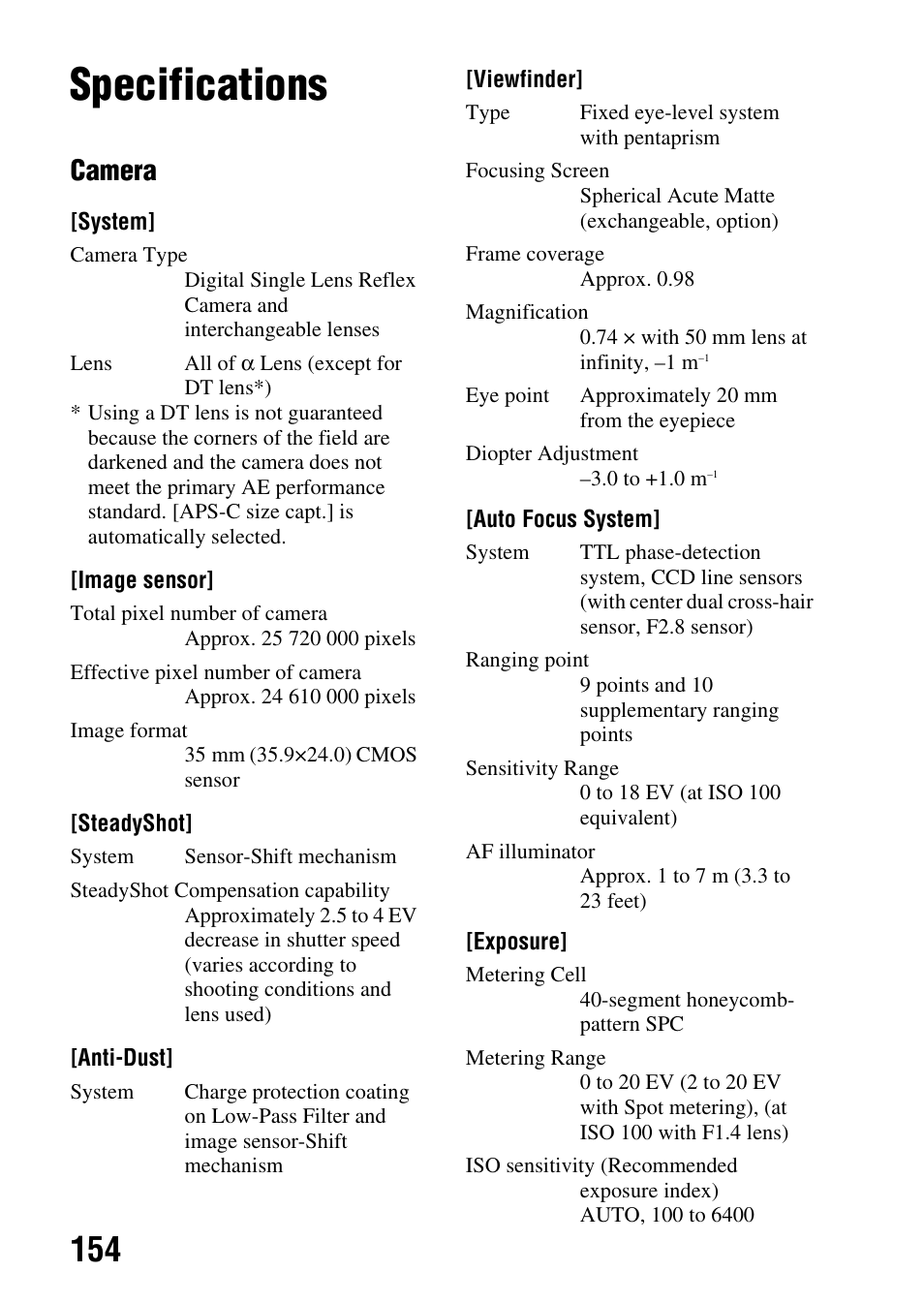 Others, Specifications, Camera | Sony DSLR-A850 User Manual | Page 154 / 171