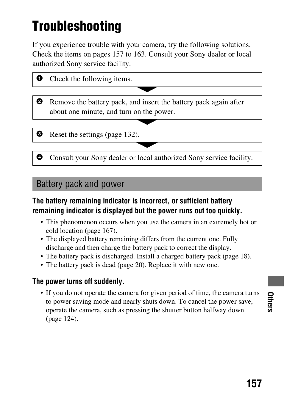 Troubleshooting, Battery pack and power | Sony DSLR-A850 User Manual | Page 157 / 171